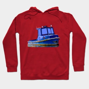 A Blue boat with shark jaws painted on its bow Hoodie